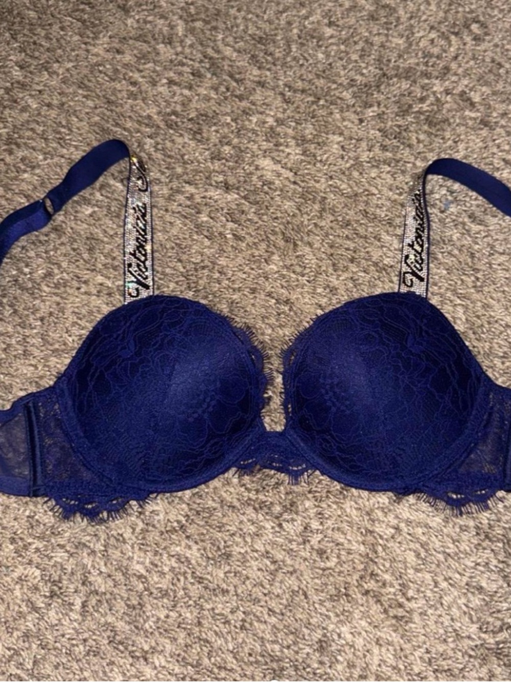 Victoria's Secret Deep Blue Lace Push-Up Bra with Logo Straps